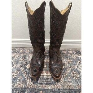 Corral Western Cowgirl Boots Brown & Black Inlays Womens Size 6M  Snip Toe C1957